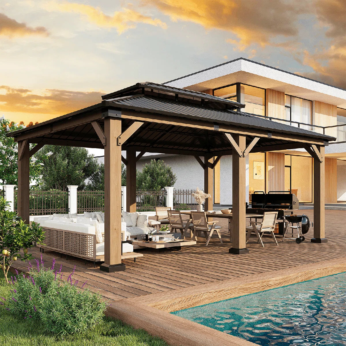 Jolydale Soild Wood Gazebo, Hardtop Gazebo With Galvanized Steel Double Roof, Suitable For Patios, Lawn And Backyard