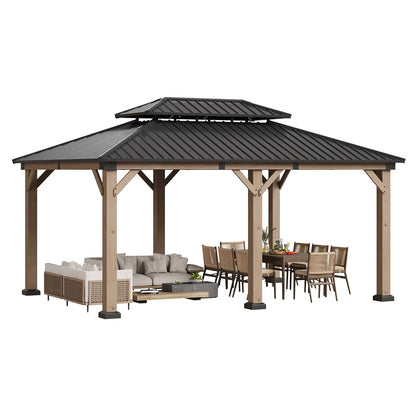 Jolydale Soild Wood Gazebo, Hardtop Gazebo With Galvanized Steel Double Roof, Suitable For Patios, Lawn And Backyard