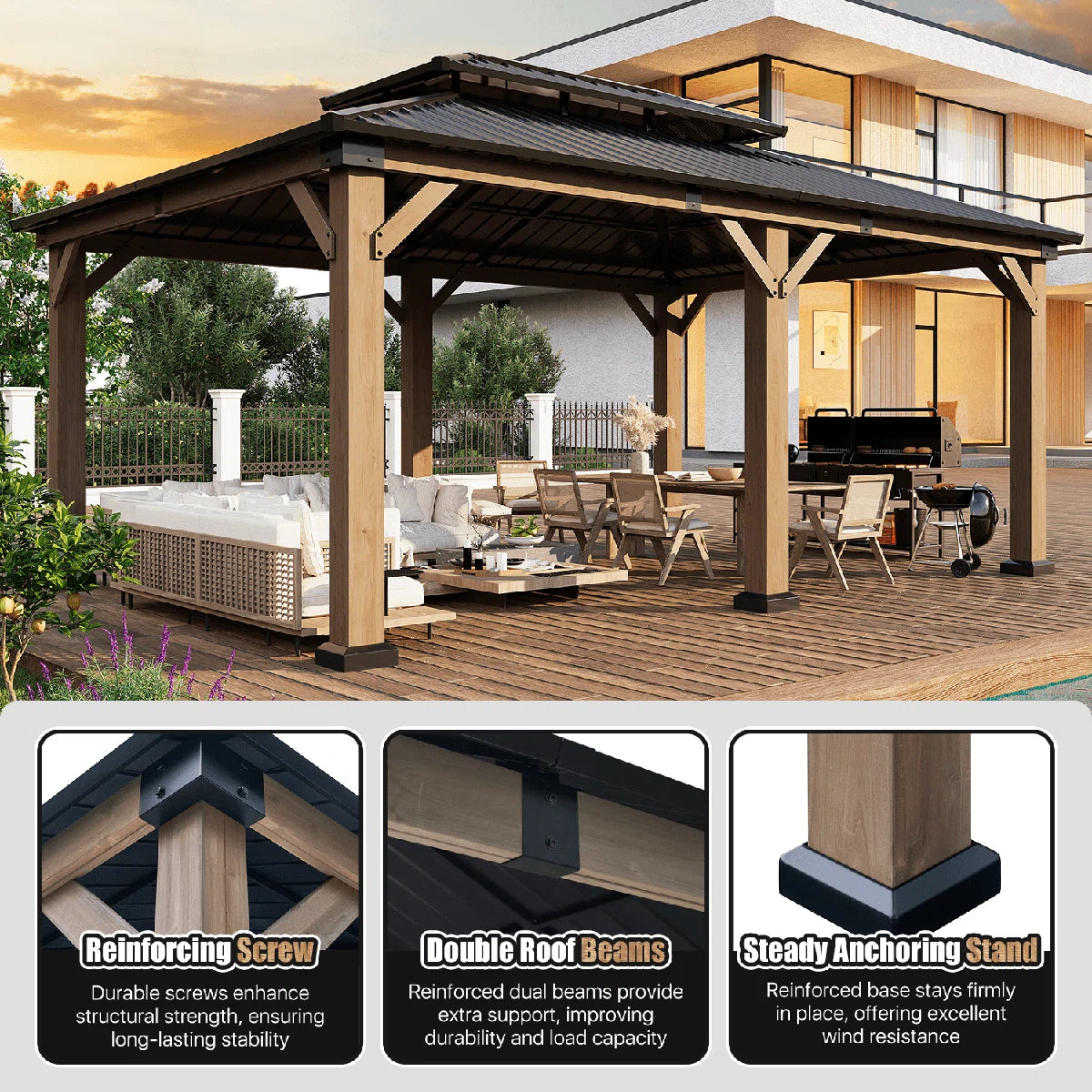 Jolydale Soild Wood Gazebo, Hardtop Gazebo With Galvanized Steel Double Roof, Suitable For Patios, Lawn And Backyard