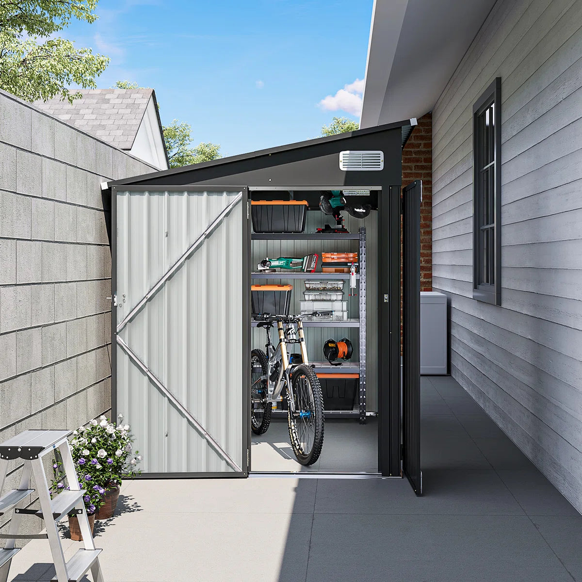 Metal Lean-to Storage Shed With Three Doors